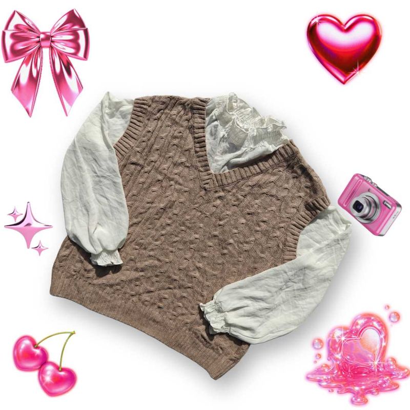 Cute Brown Knit Vest with Sleeves