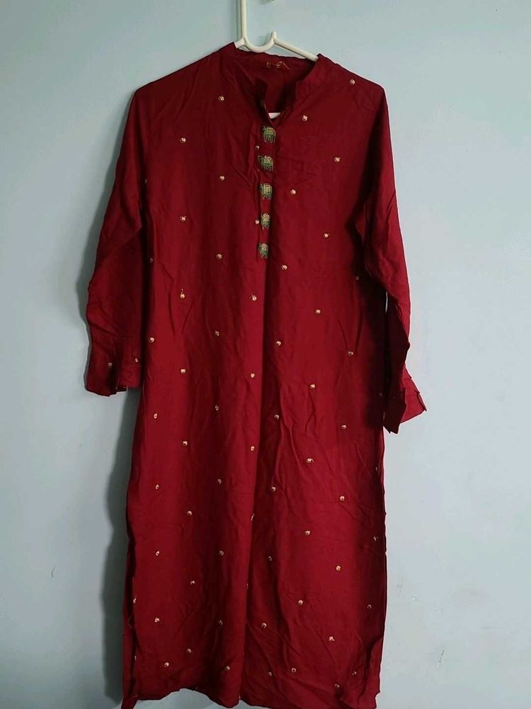 Maroon Embroidered Kurta