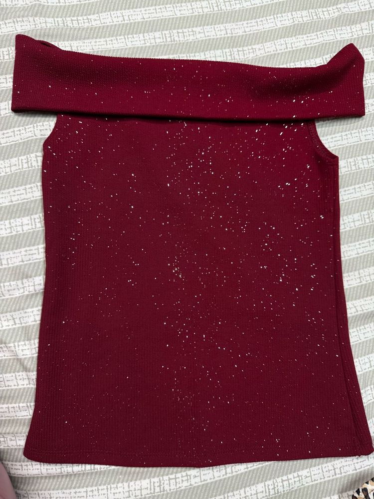 Burgundy Sparkle Off-Shoulder Top
