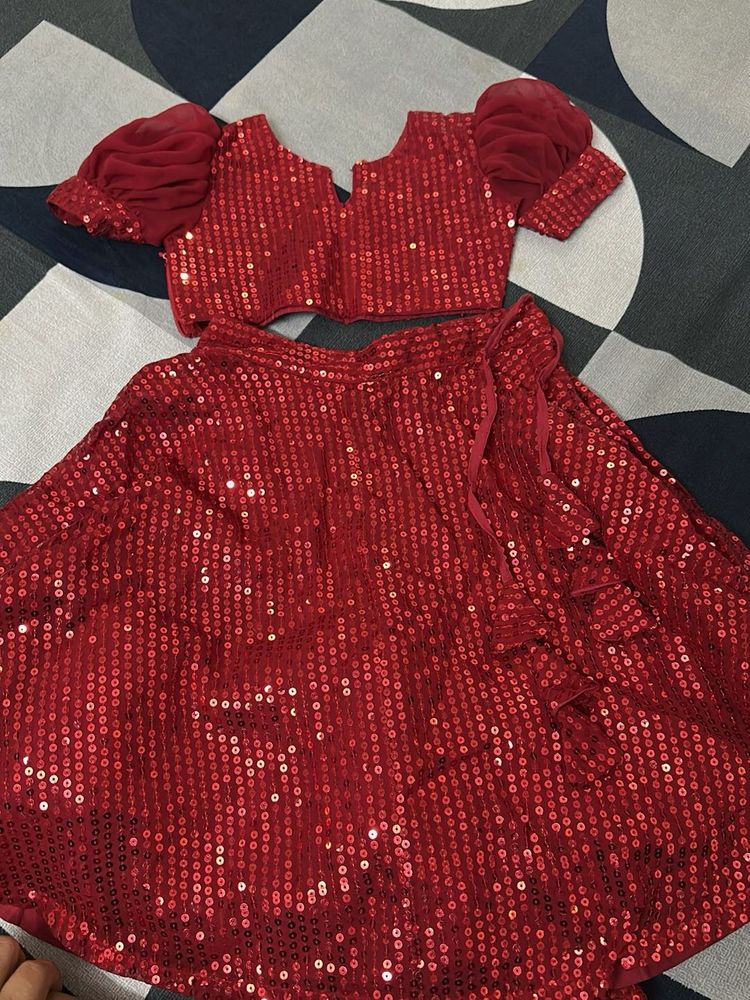 Sparkling Red Sequin Lehenga Set For Kids