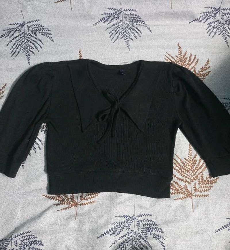 Black Ribbed Tie-Front Top