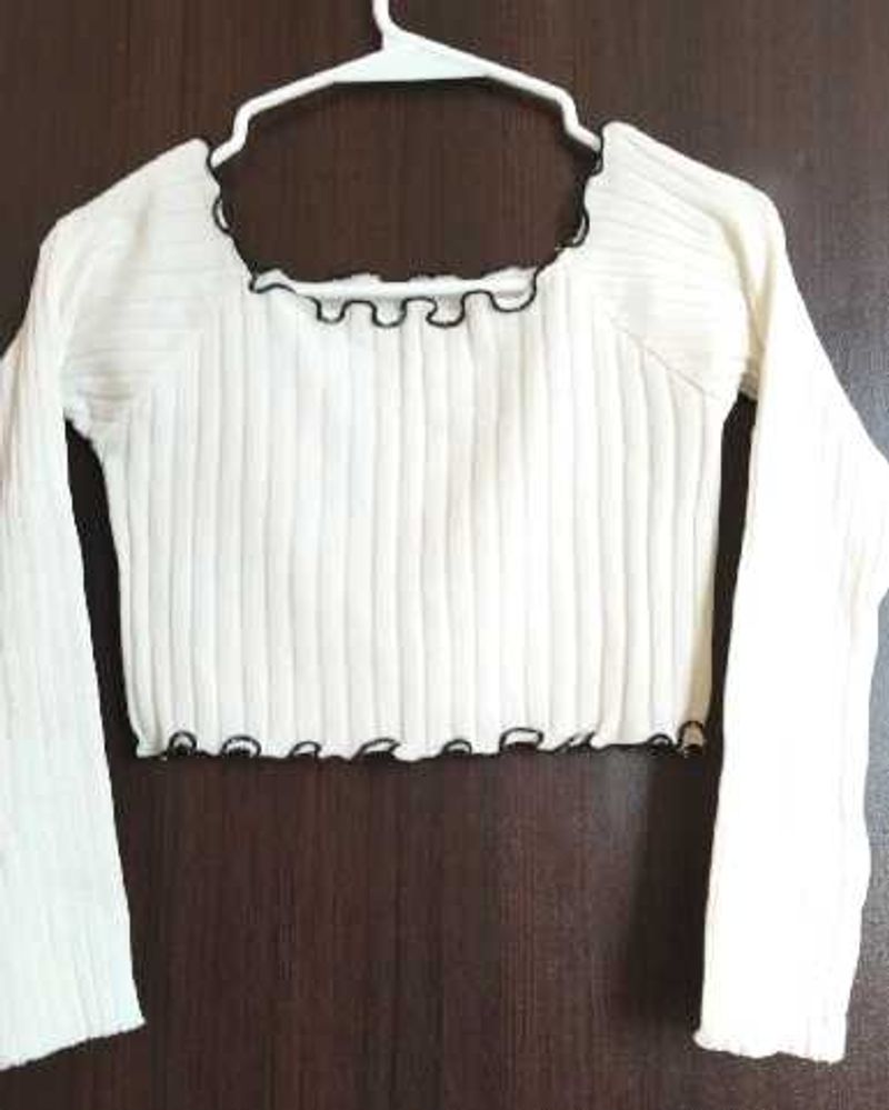 Cute White Ribbed Long Sleeve Top