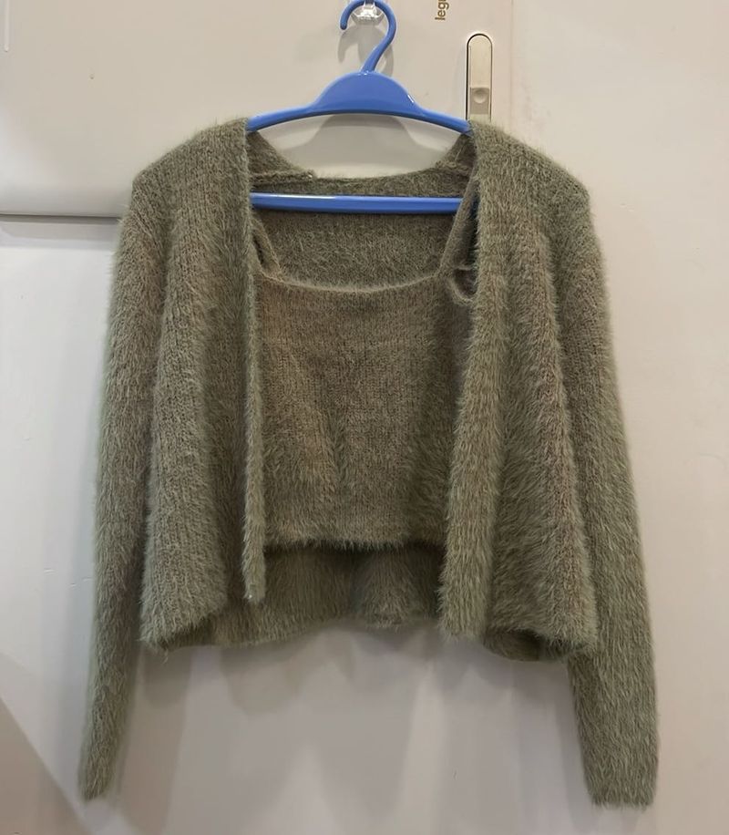 Sage Green Fuzzy Crop Top &amp; Cardigan Set