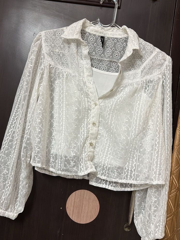 White Embroidered Cropped Shirt