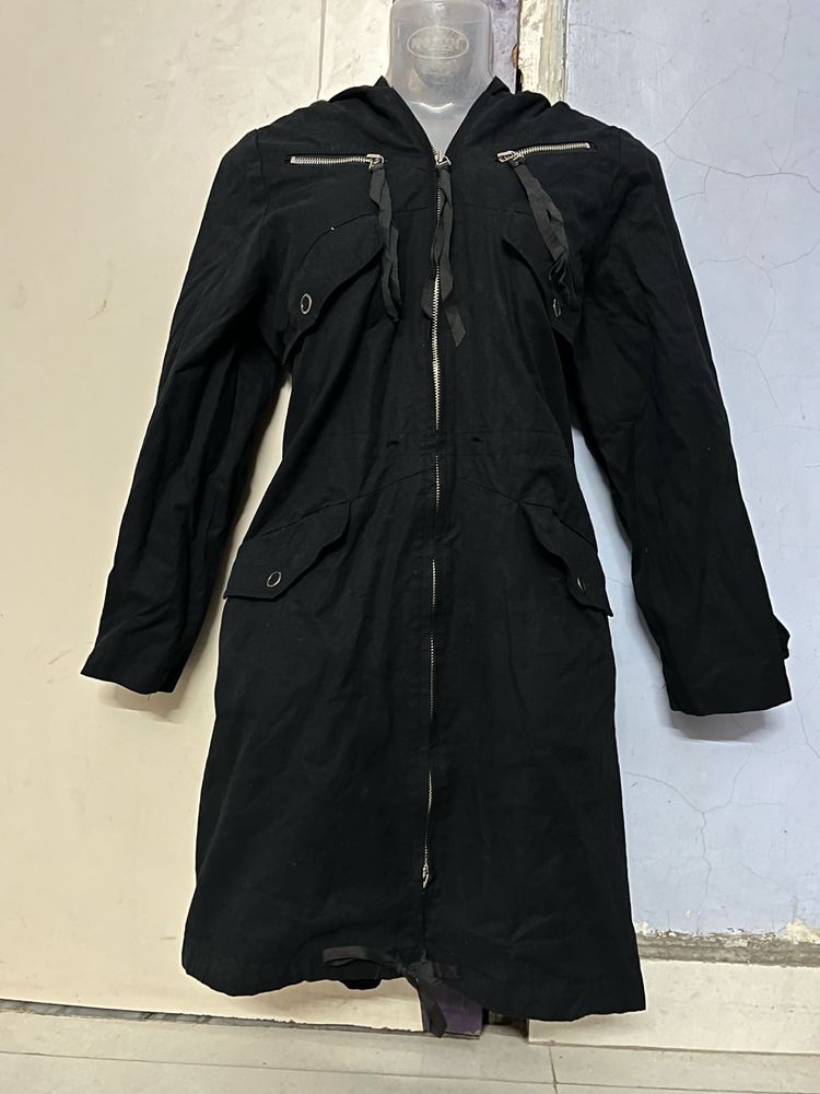 Black Hooded Trench Coat