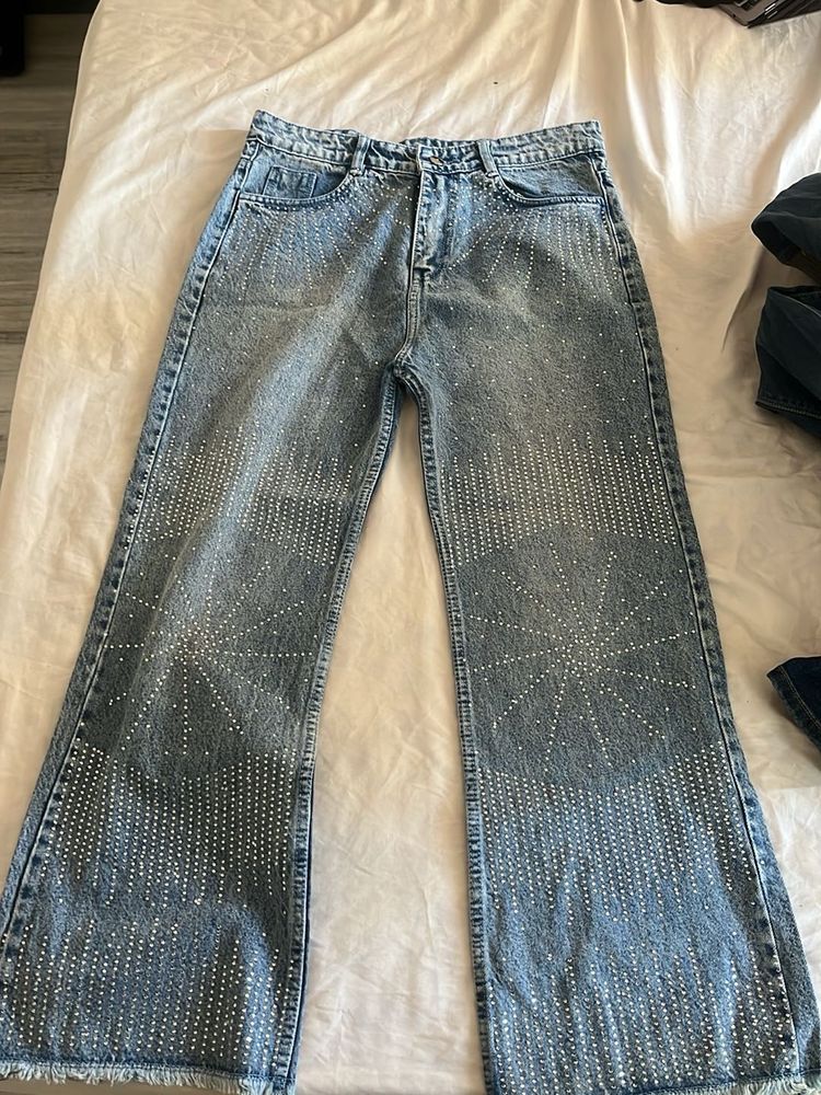 Rhinestone High Waist Wide Leg Jeans