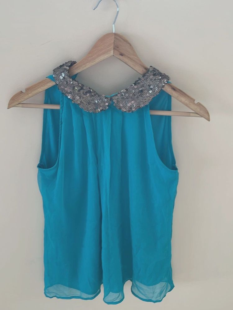 Chic  Sequin aqua blue Collar top