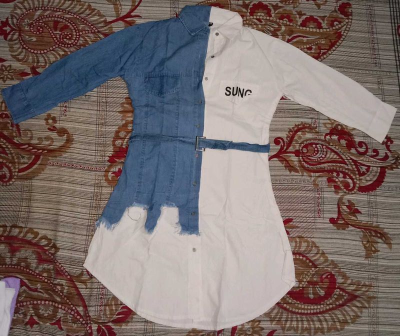 Denim &amp; White Color Block Shirt Dress