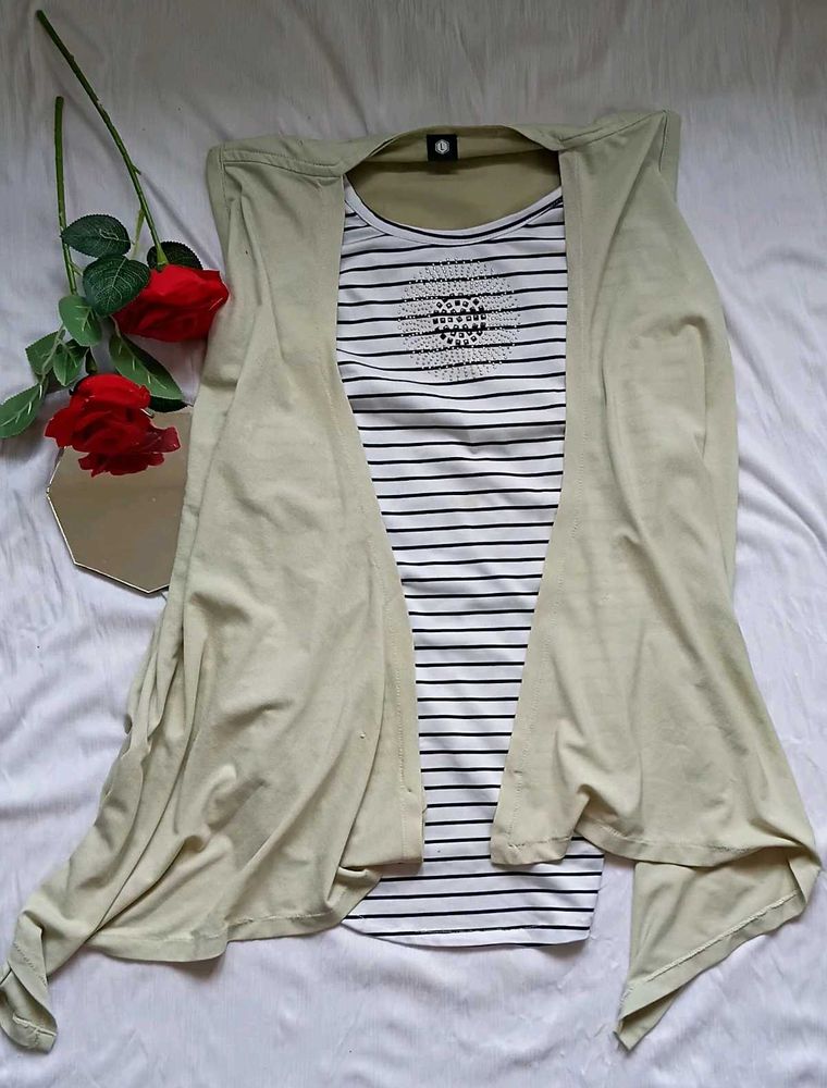 Stylish Striped Top with Light Beige Shrug