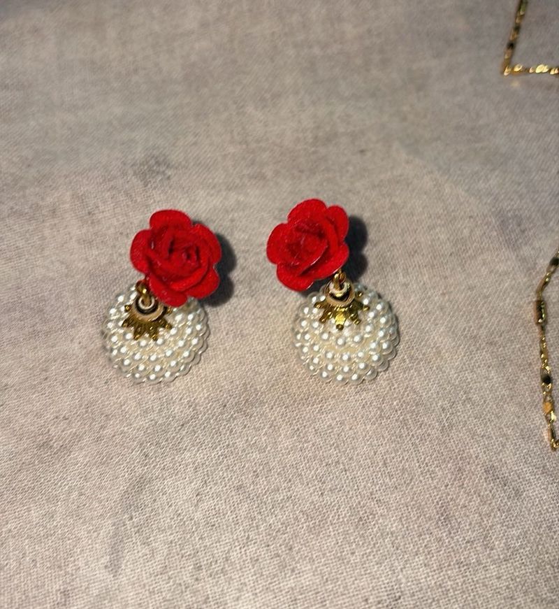 Red Rose Pearl Earrings. Free chain.