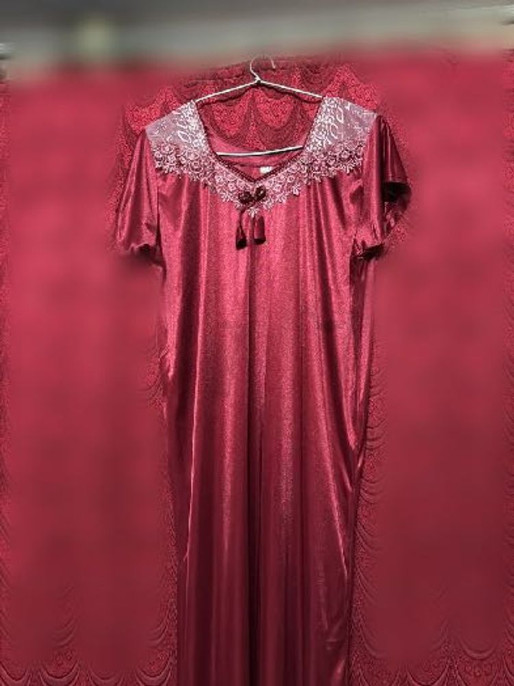 Maroon Satin Nightgown with Lace