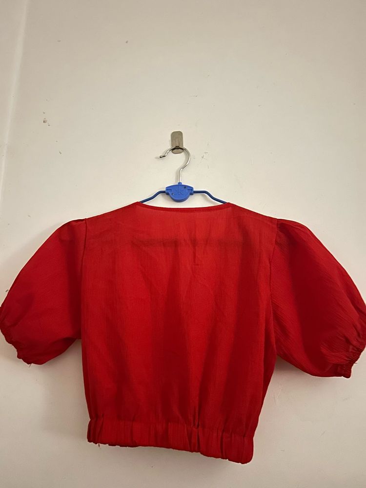 Red Puff Sleeve Cropped Blouse