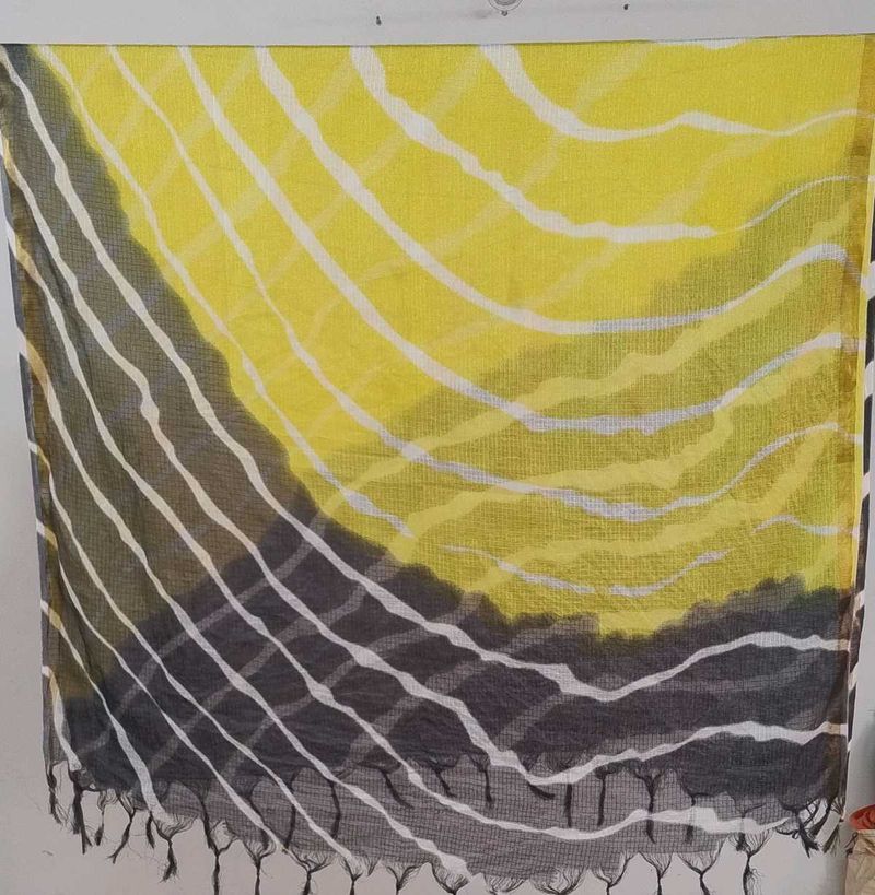 Yellow &amp; Gray Striped Dupatta with Tassels