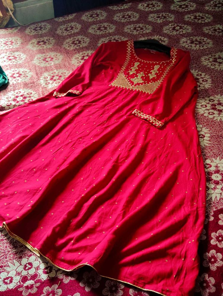 Red Embroidered Anarkali Kurti For Women