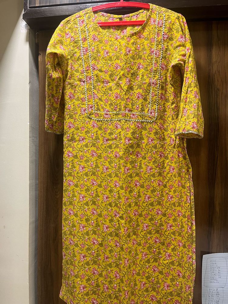 Bright Yellow Floral Block Print Kurta with Lace D