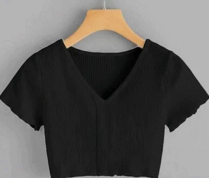 Black V-Neck Ribbed Crop Top