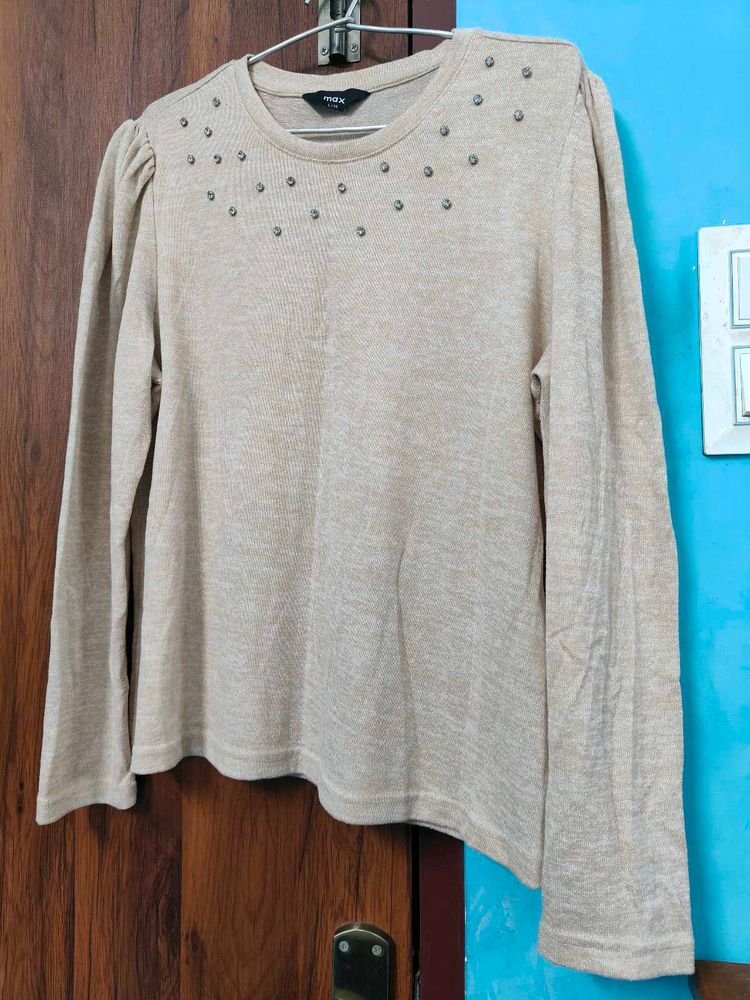 MAX Beige Embellished Knit Top