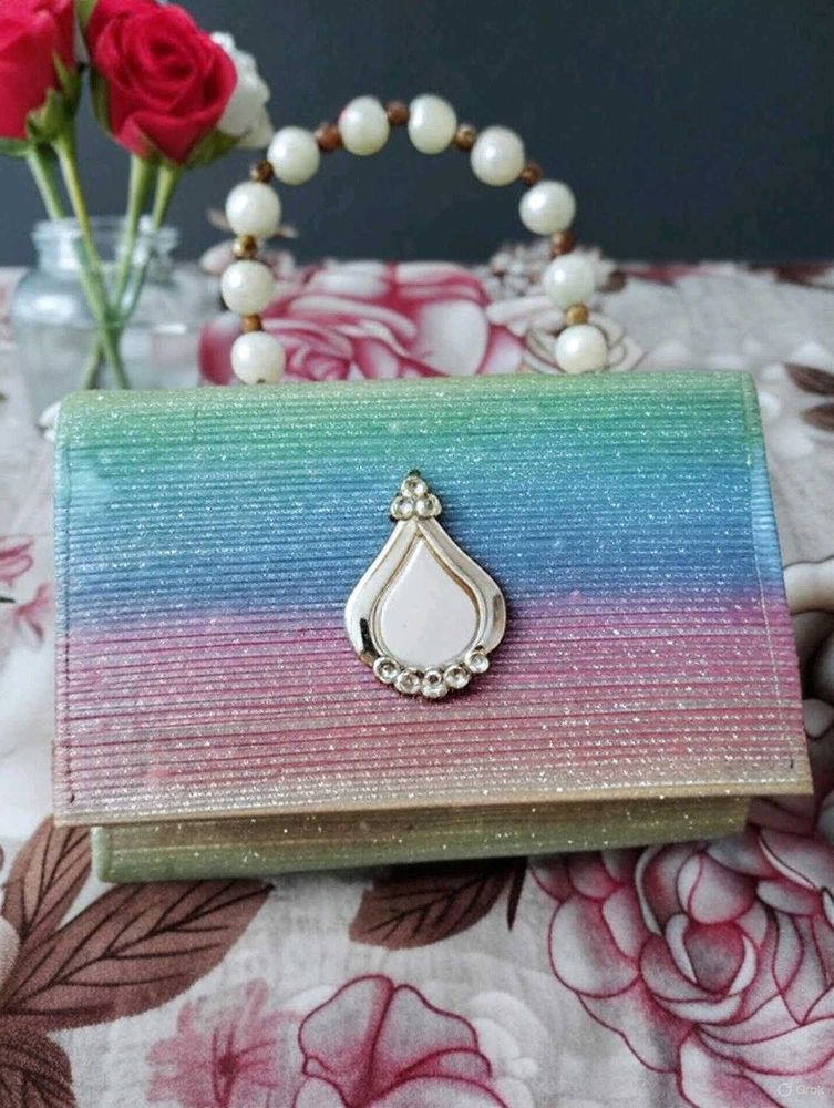 Rainbow Glitter Pearl Handle Clutch