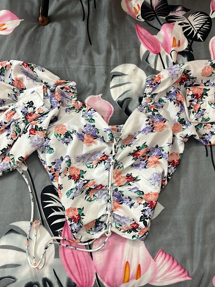 Floral Drawstring Puff Sleeve Top