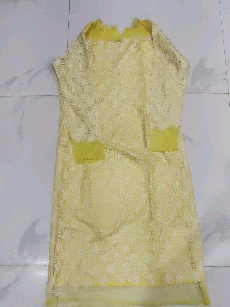 Embroidered Straight Net Kurta With Cotton Inner
