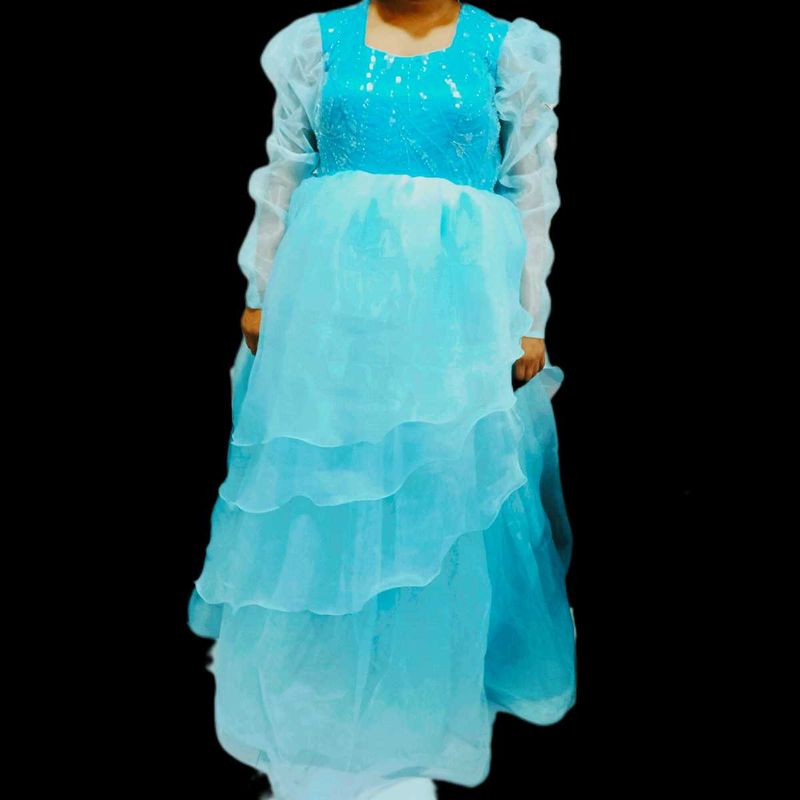 NEW SKY BLUE LAYER DESIGN GOWN WITH NECK DUPATTA