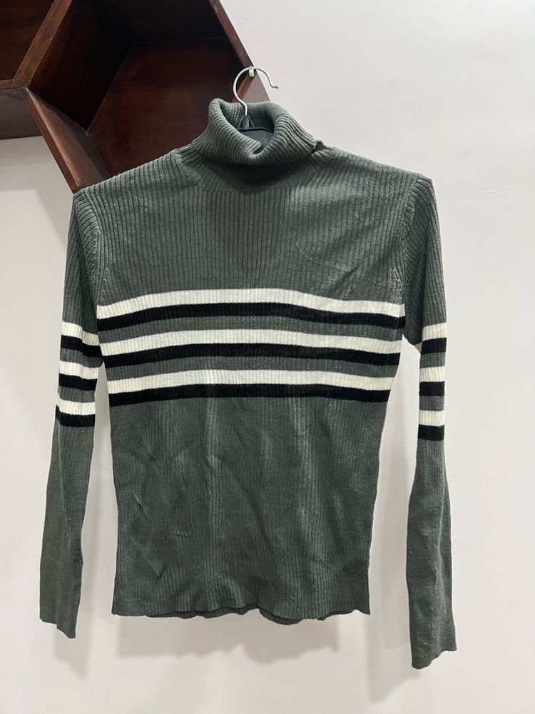 olive Striped Turtleneck Sweater
