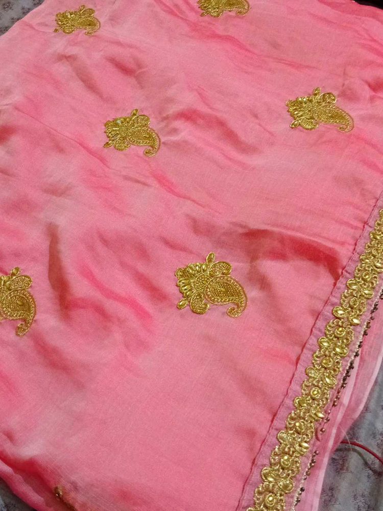 Pink Saree with Golden Embroidery