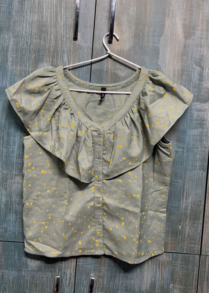 Rio Printed Button Down Top With Ruffles