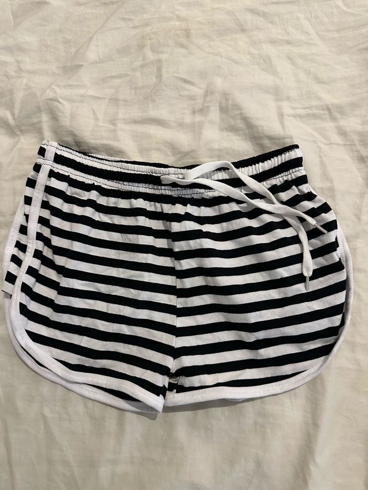 Black &amp; White Striped Cotton Lounge Shorts
