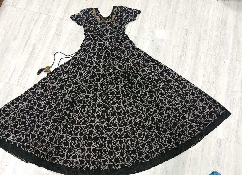 Black Anarkali Dress with Gold Neck Pattern