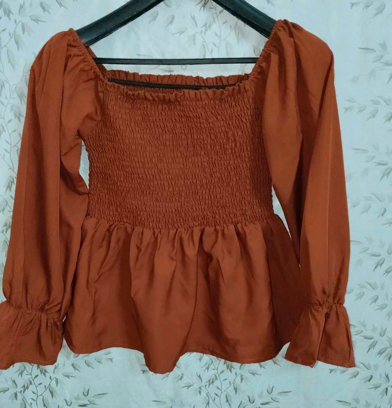 Rust Smocked Square Neck Blouse