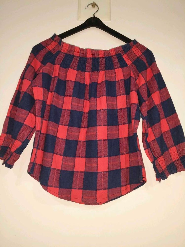Off Shoulder Red &amp; Navy Plaid Top