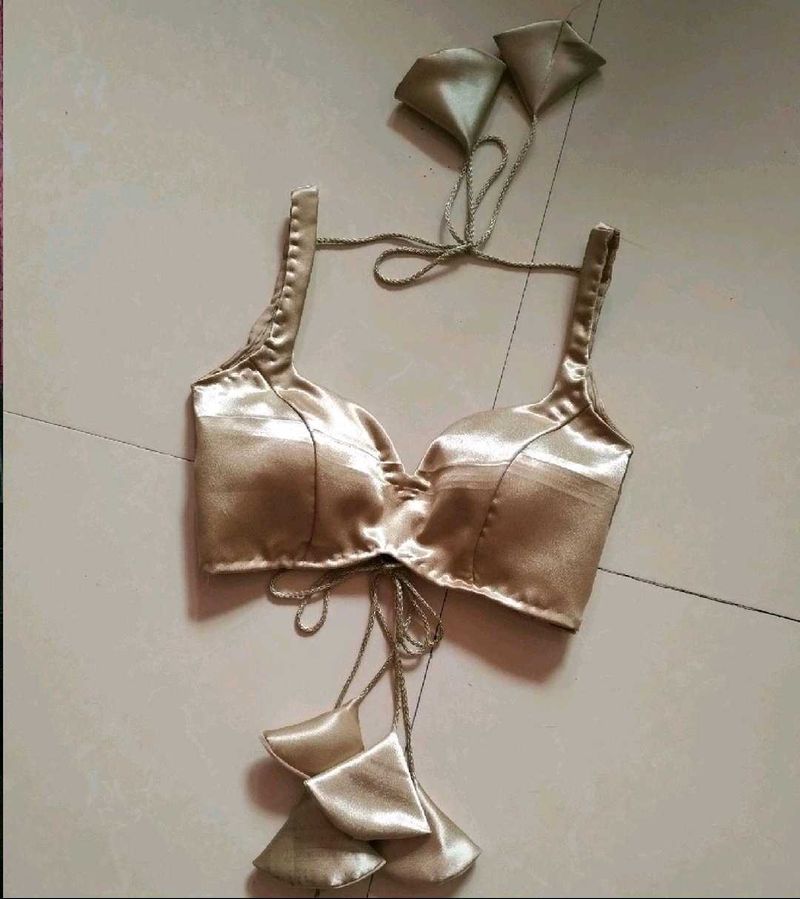 Golden Satin Padded Drawstring Blouse