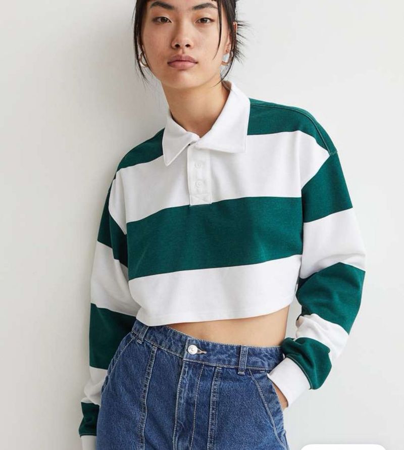 Green And White Stripped Cropped Rugby Shirt