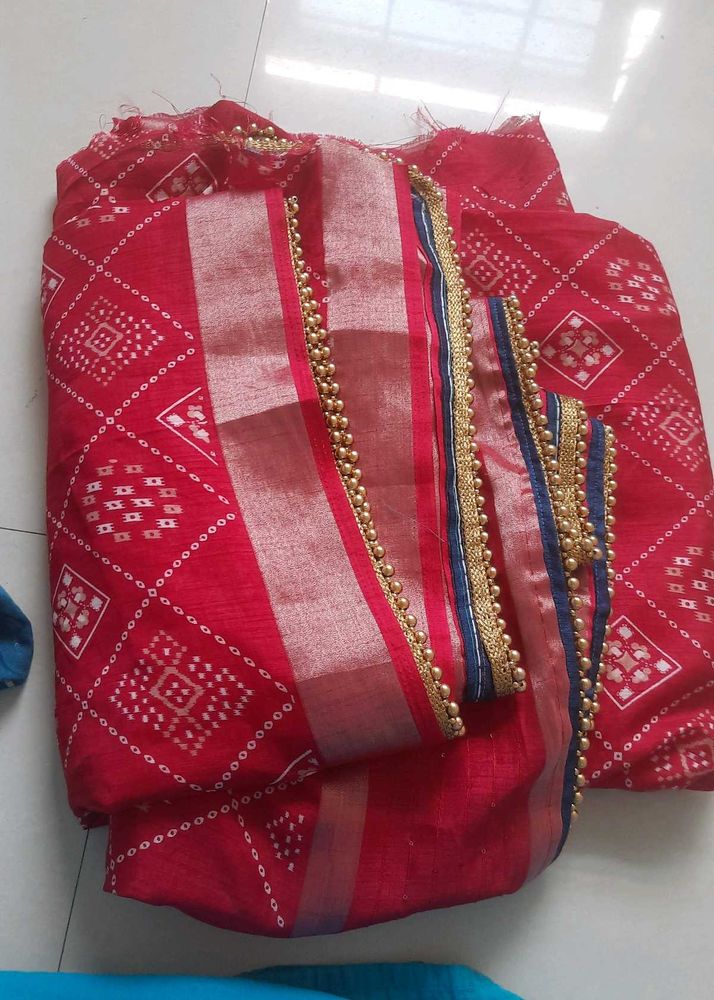 Red Diamond Print Fabric with Trim Handmade