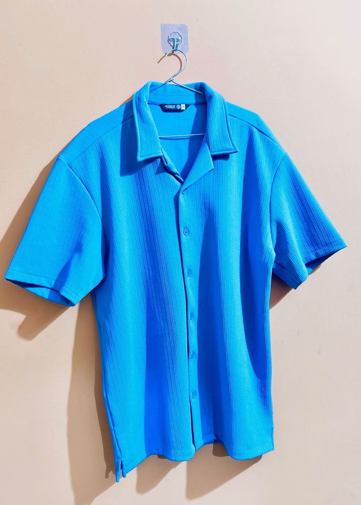 Blue Ribbed Button-Down Shirt