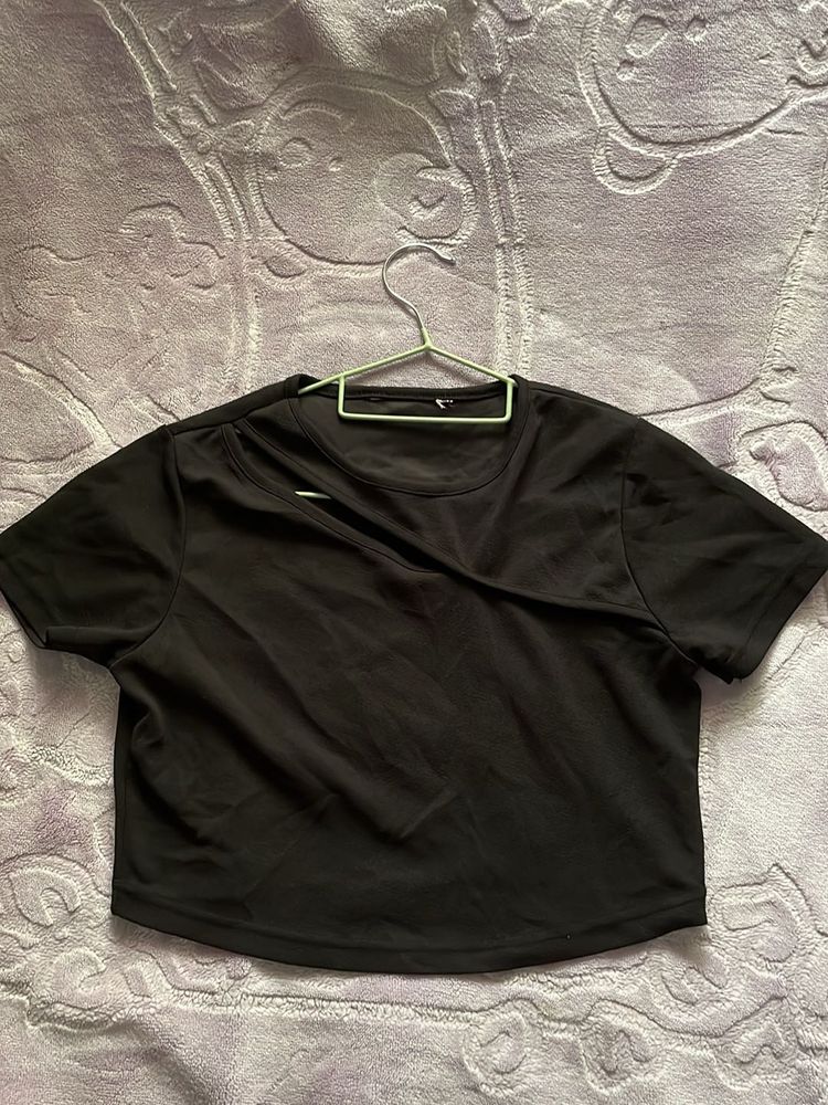 Black Crop Top With A Slit On Shoulder