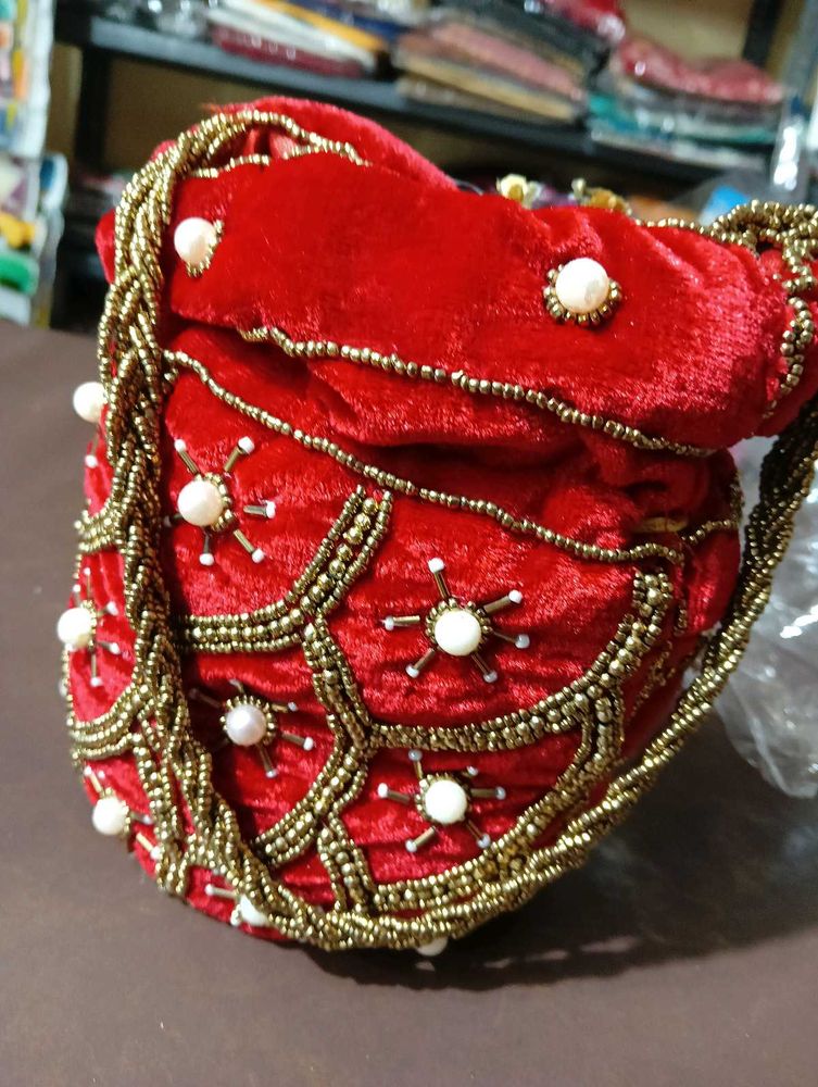Red &amp; Gold Embellished Potli Bag