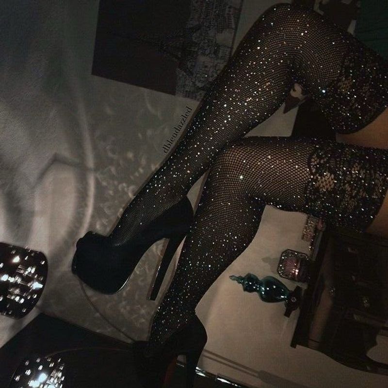 Black Fish Net Rhinestone Stockings