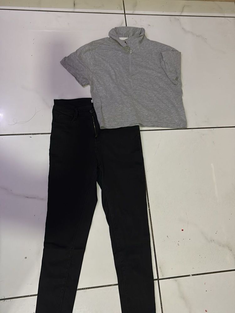 Gray Top &amp; Black Jeans Set