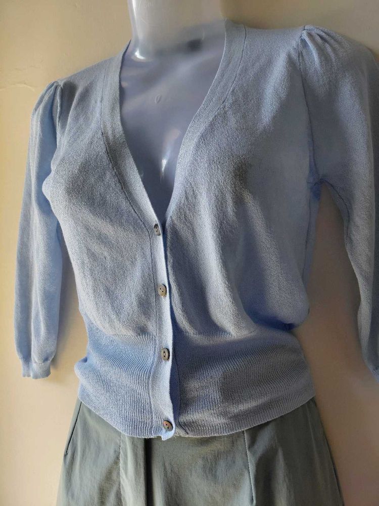 Light Blue Puff Sleeve Cardigan
