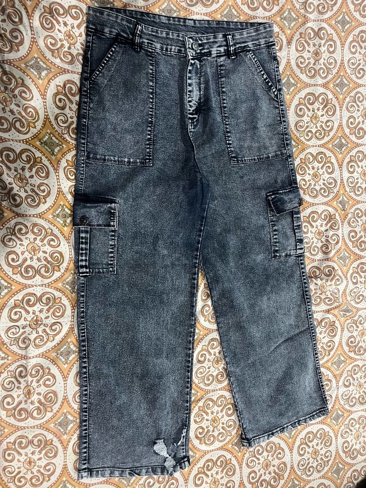 Grey Flared Cargo Denim