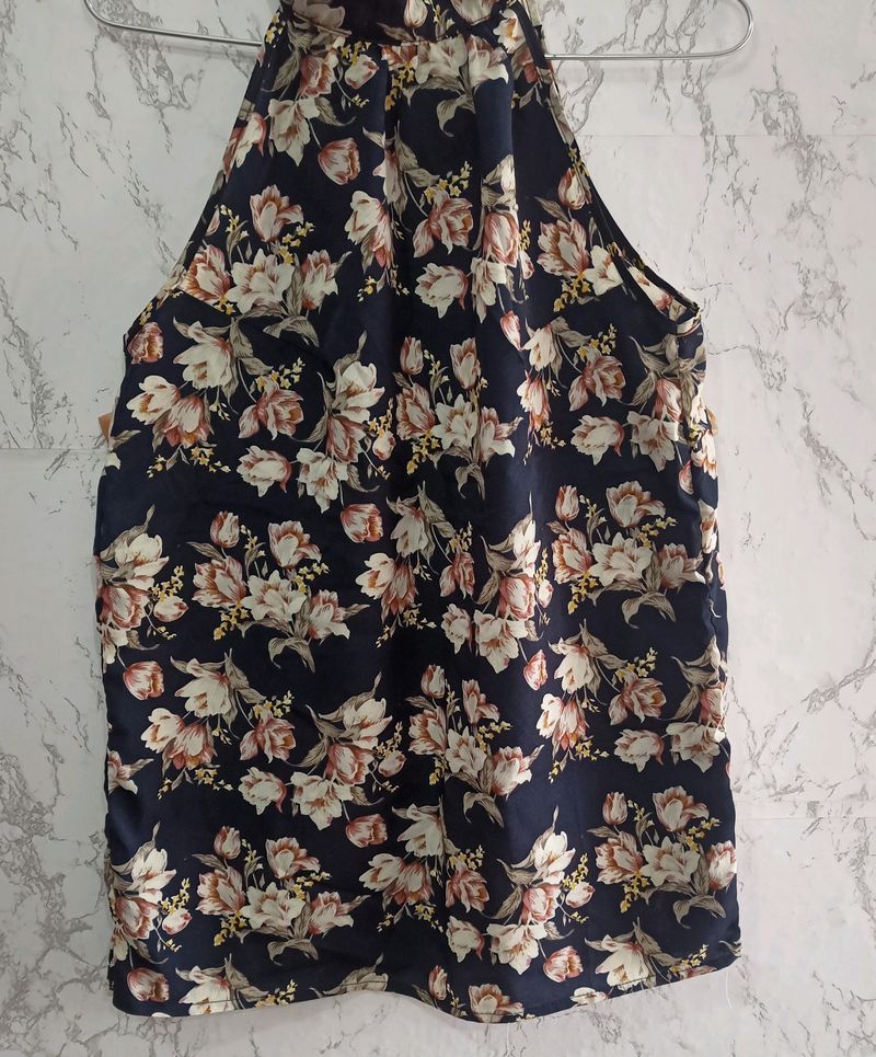 Halter Neck Floral Print Blue Top