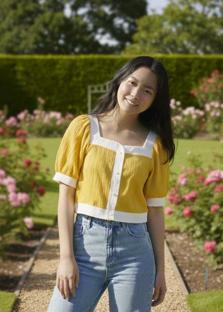 Korean Cute Yellow &amp; White Puff Sleeve Top