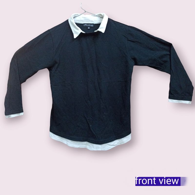 Color Attached T-Shirt // Cotton Blend Black Long Sleeves