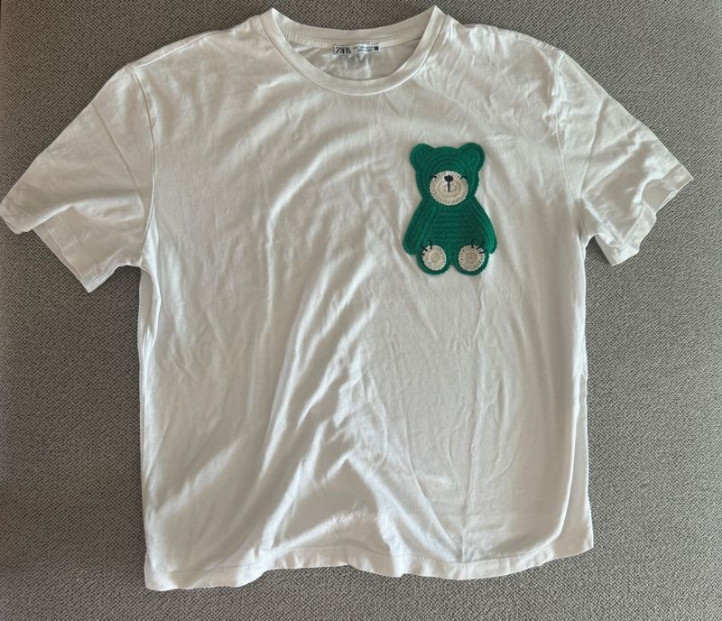 White Tee with Green Crochet Bear