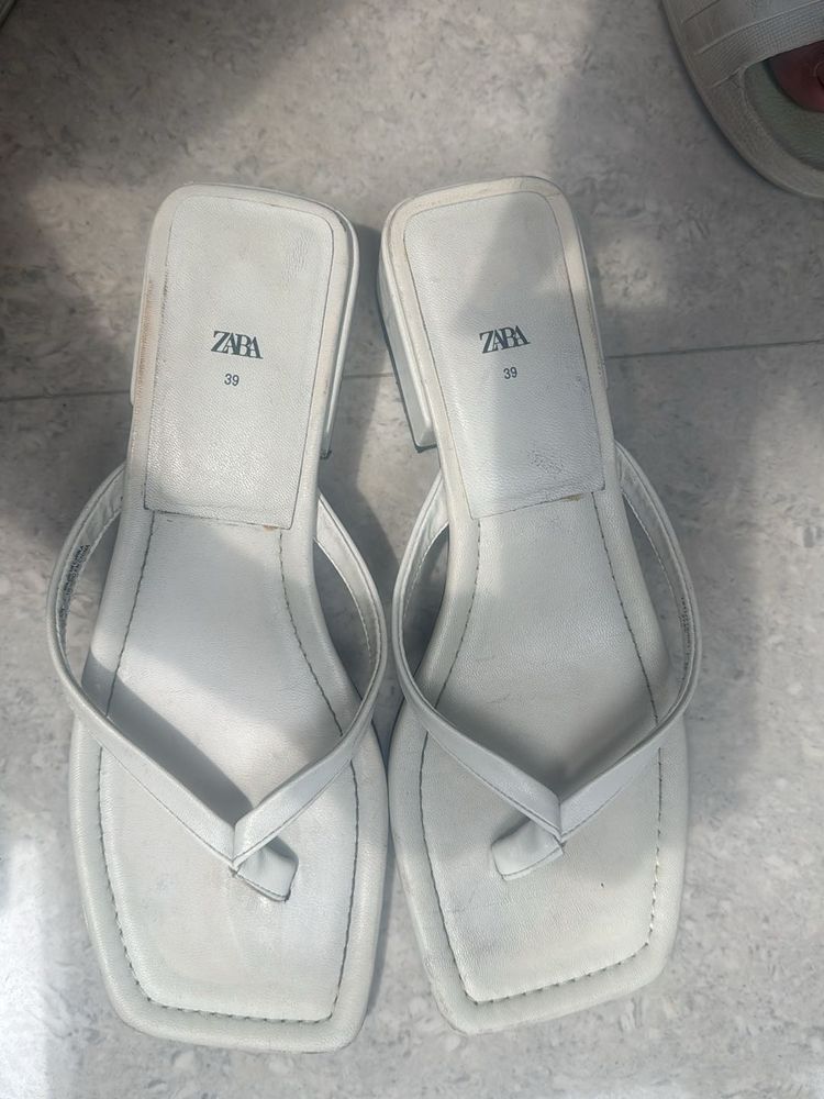 Zara White Thong Heel Sandals