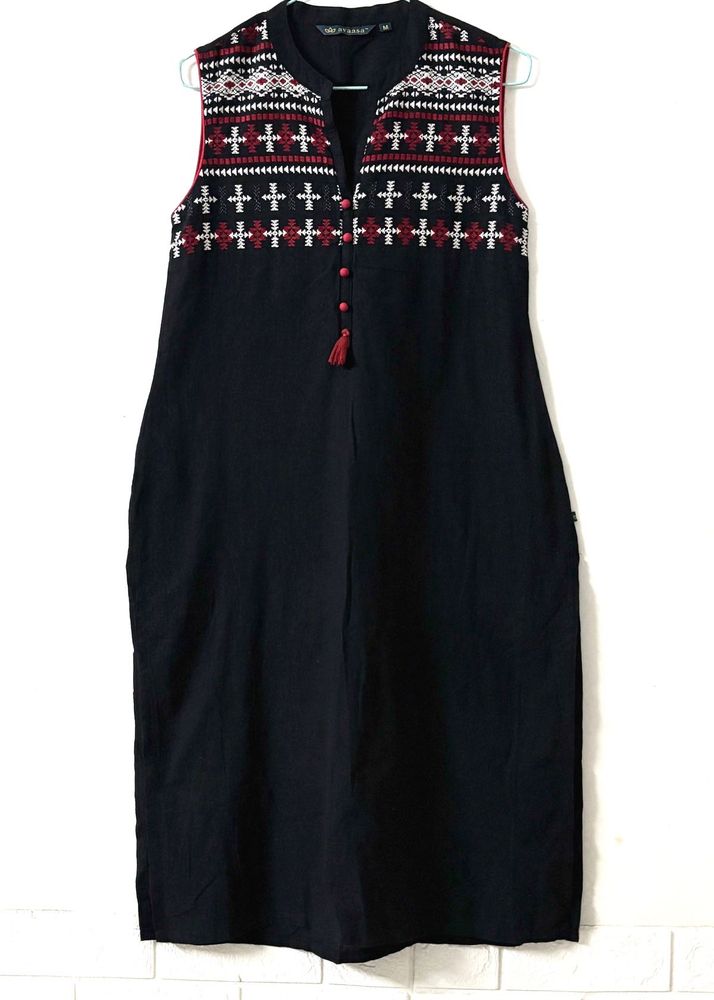 Embroidered Sleeveless Black Kurti