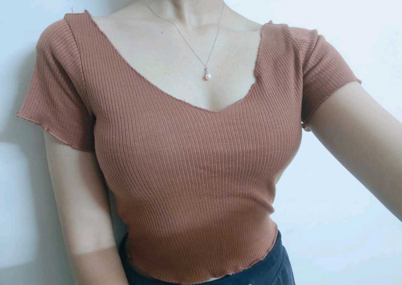Brown Ribbed V + Boat Neck Top