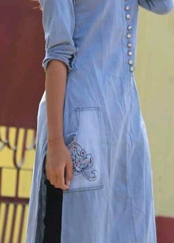 Faded Denim Kurta With Pockets